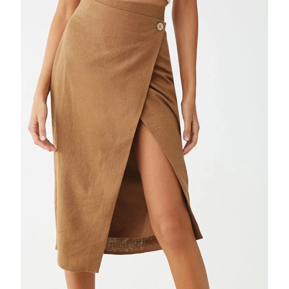 Linen Blend Tan Wrap Skirt